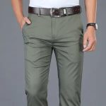 Cotton Casual Pants Mens Clothing Straight Business Green Black Khaki Trousers Male Brand 2023